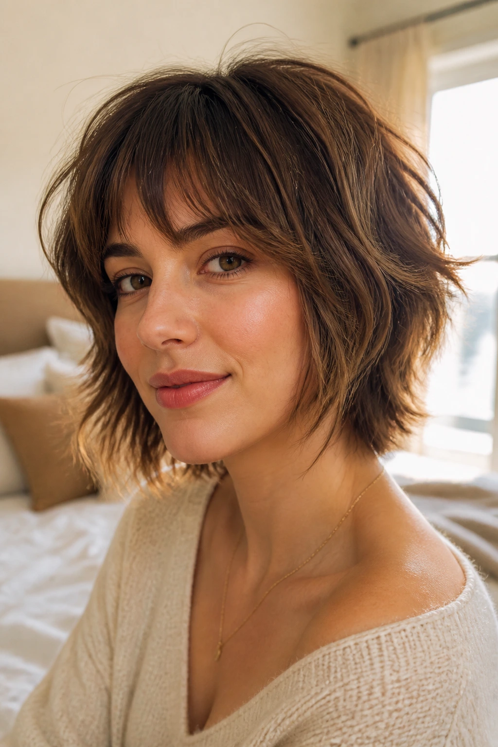 Close-up of a real woman with a soft wolf shag bob featuring crown lift and side movement.