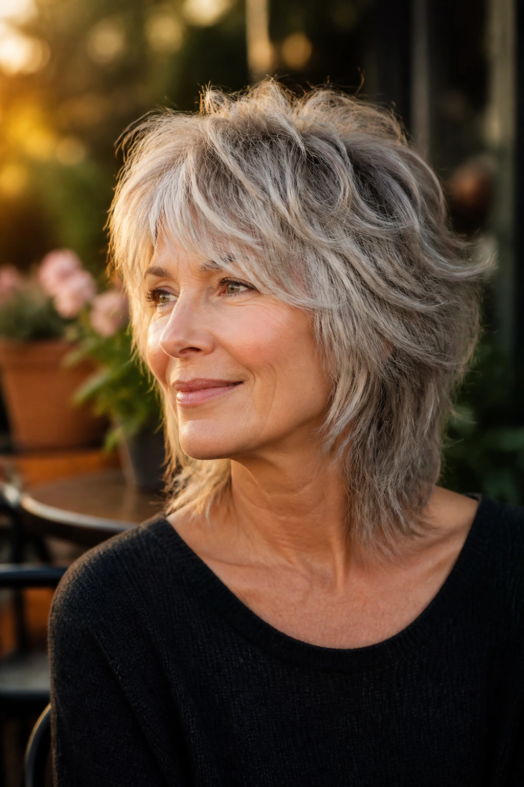 Real woman with soft wolf shag in golden-hour cafe setting