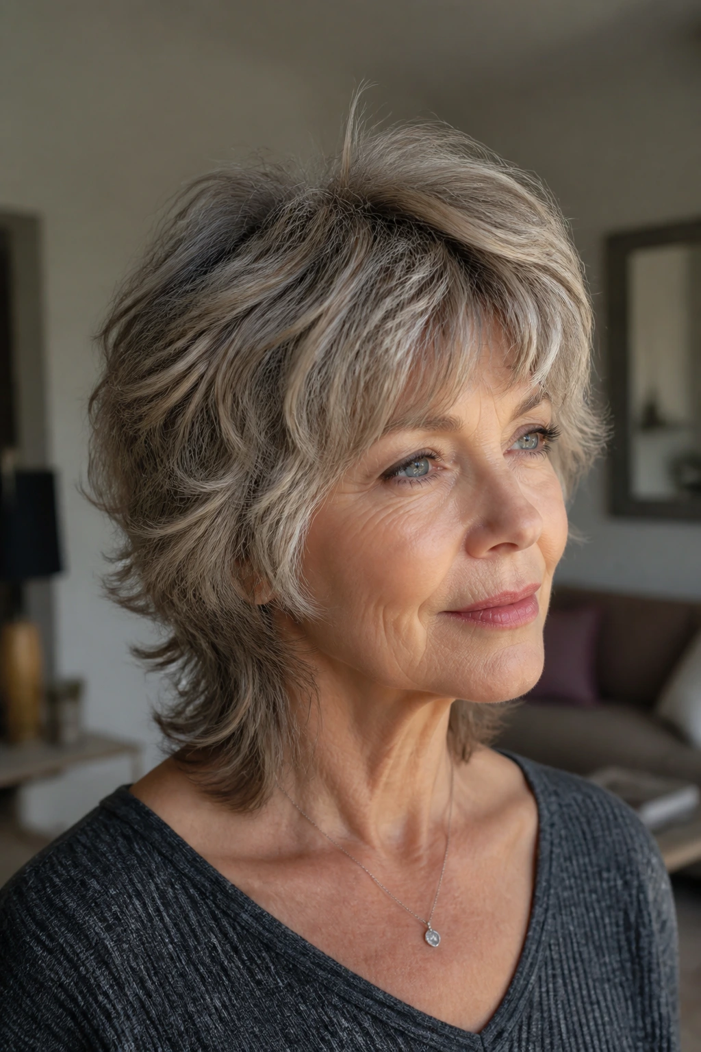 Real woman wearing Soft Wolf Shag with frame-conscious movement