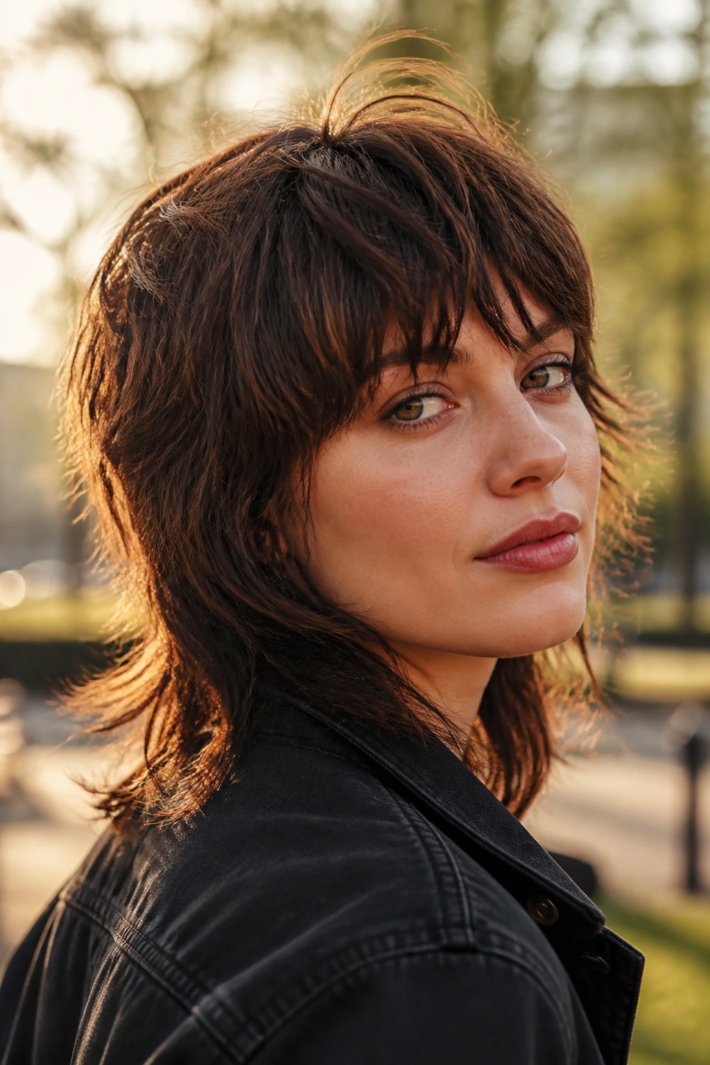 Real woman with soft wolf shag and piecey fringe in golden hour park light