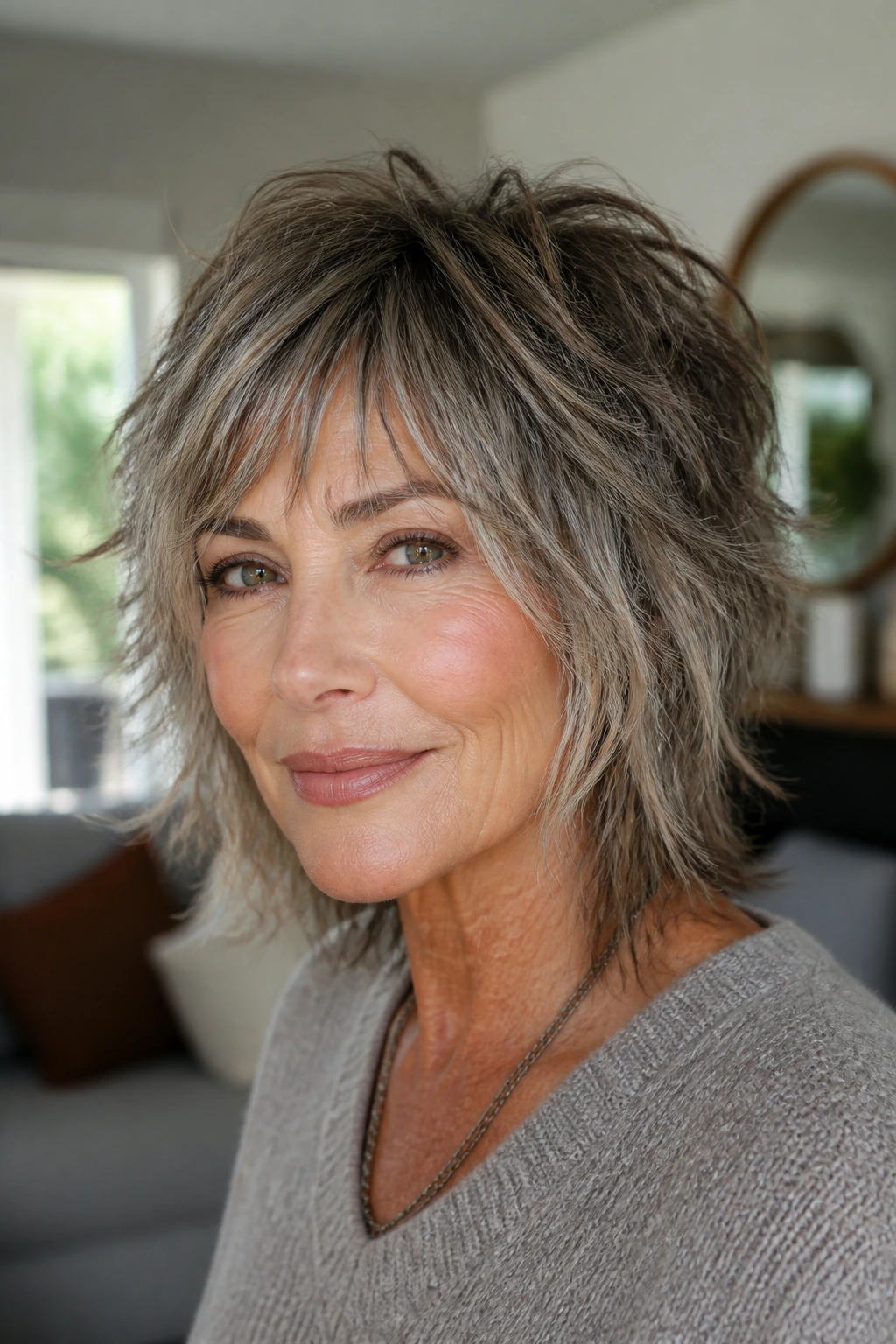 Close-up of a real woman with a soft wolf shag and lifted crown.