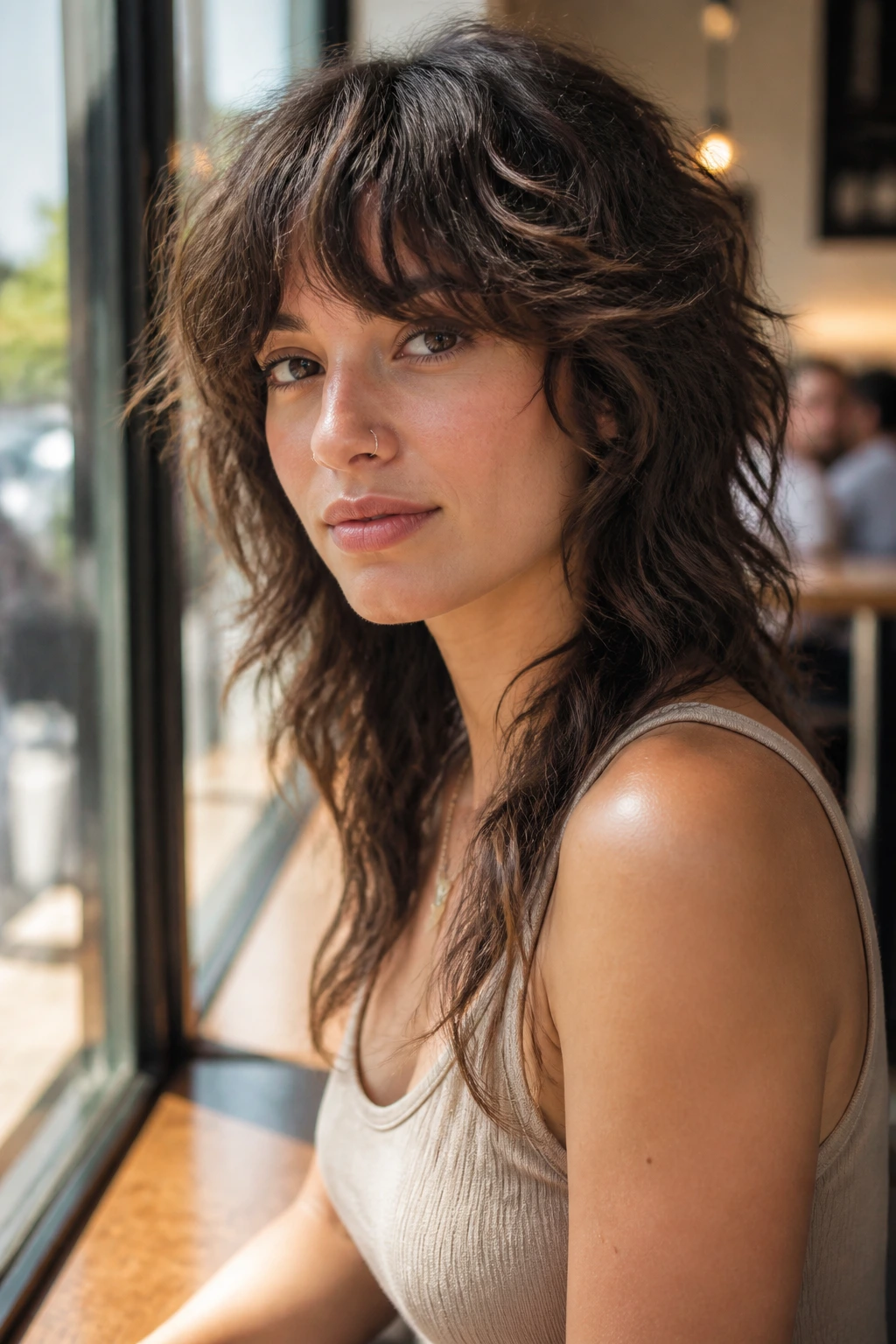 Portrait of a real woman with soft wolf-shag hairstyle