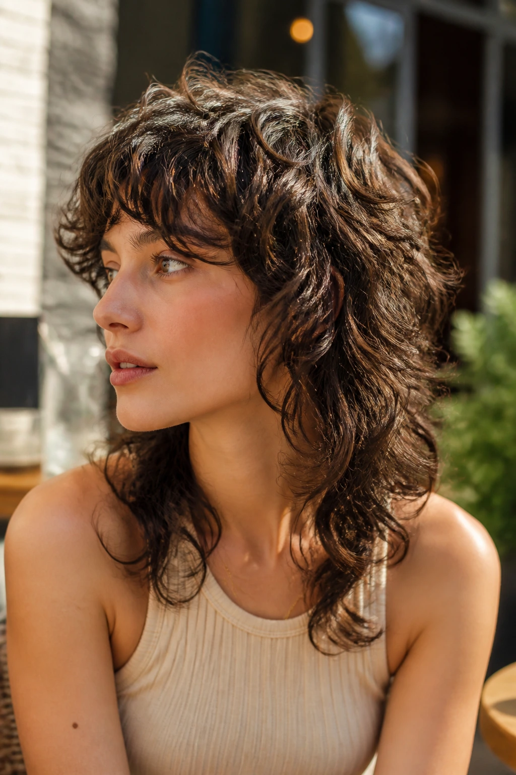 Close-up portrait of a real woman with soft wolf shag on medium curls.