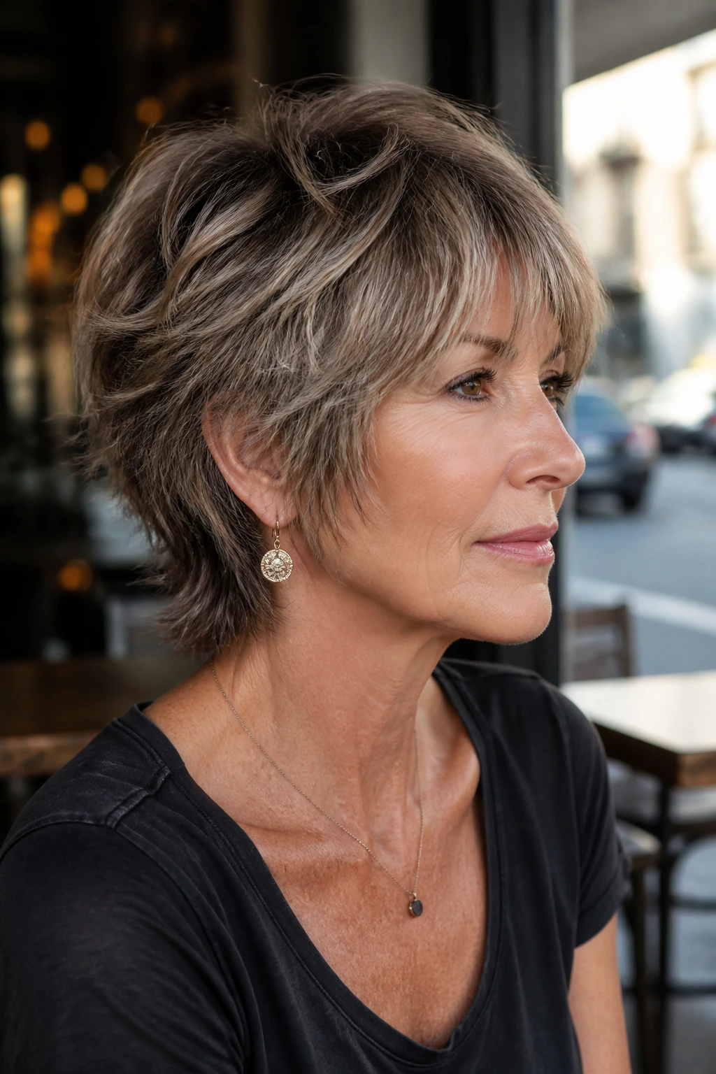 Close-up of a real woman with Soft Wolf Shag featuring a tapered nape and cheekbone-length front pieces.