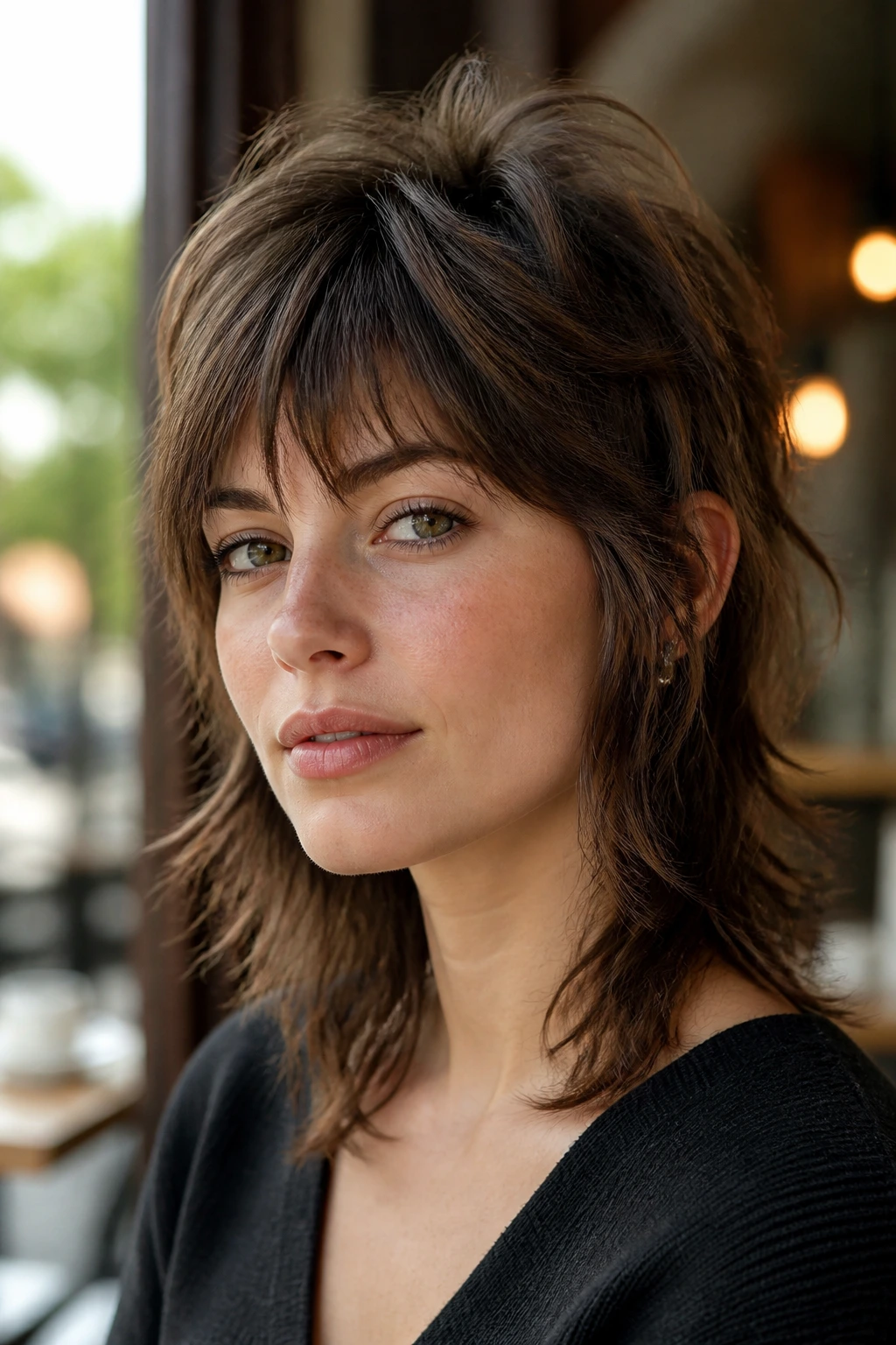 Close-up of real woman with soft wolf shag texture in cafe light