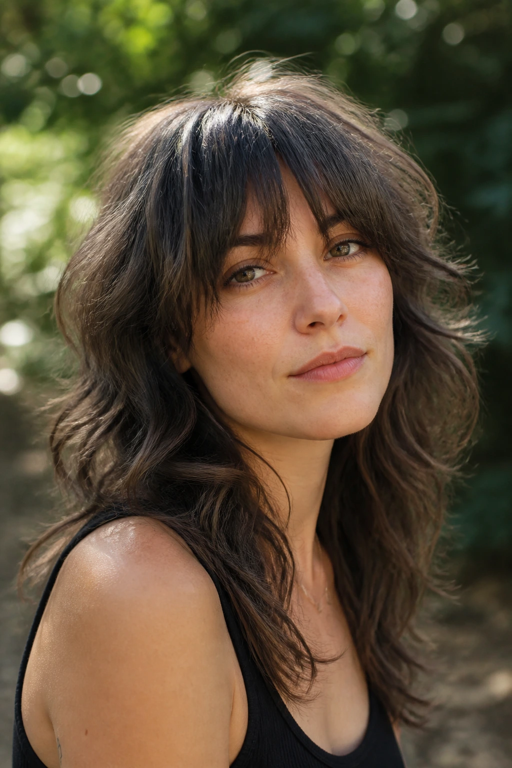 Close-up of a real woman wearing a Soft Wolf Shag with a soft edge and longer back in natural light.