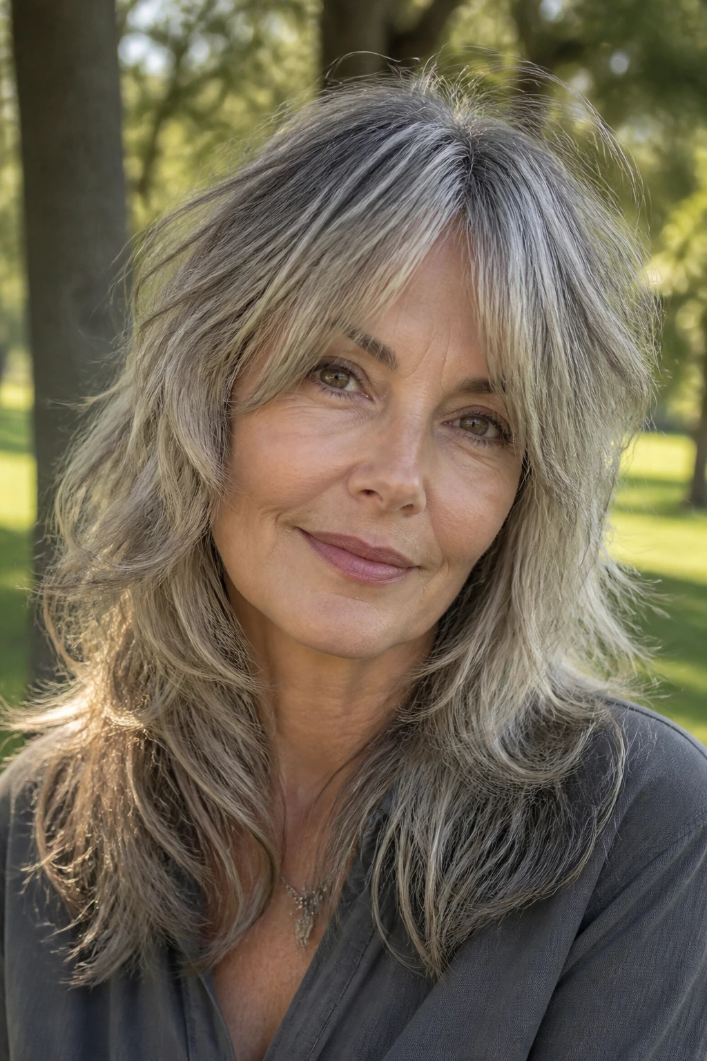 Close-up of a real woman with a soft wolf shag hairstyle