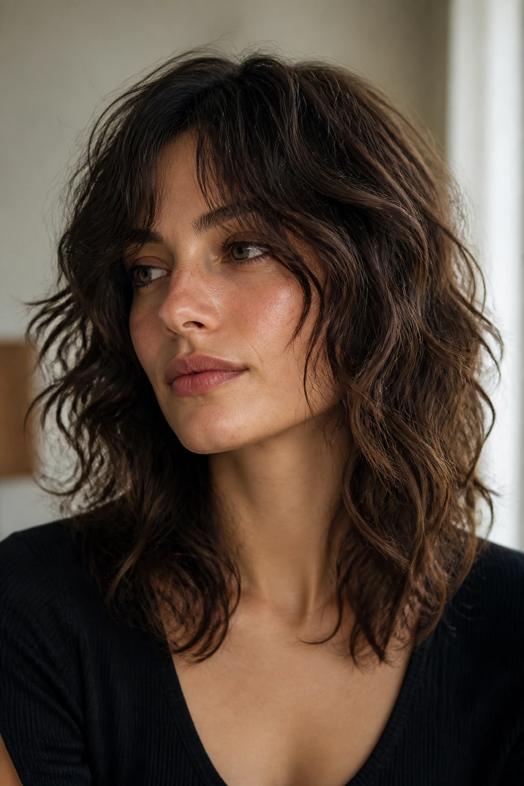 Close-up of a real person with a soft wolf shape showing gentle layers on wavy hair
