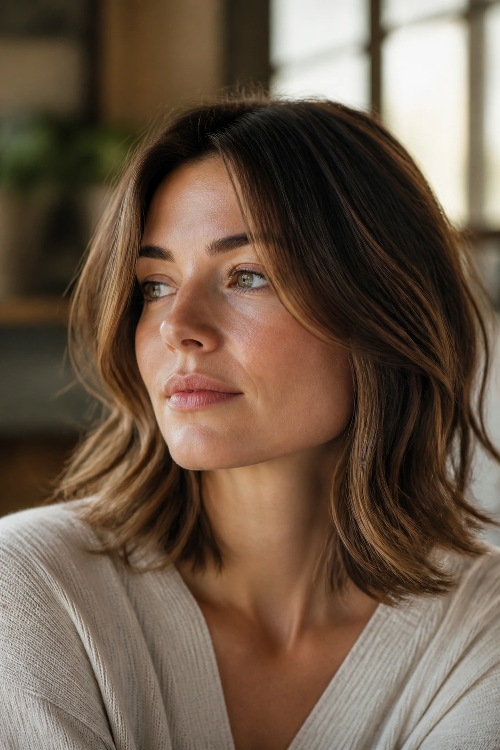 Close-up of a real person with medium-length hair softening a sharp jawline