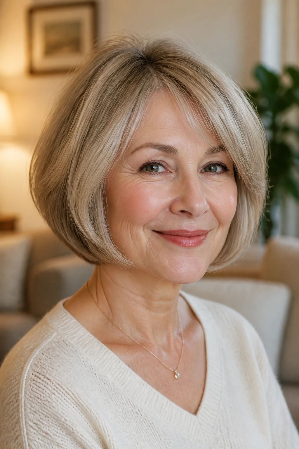 Close-up of a real woman with a softer-edged salon bob