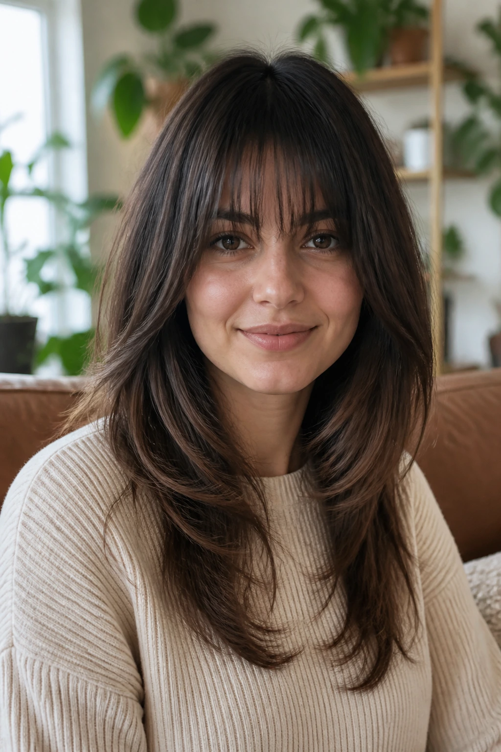 Medium close-up of a real person with softened layered feathering and vertical bangs