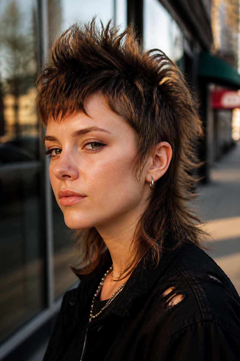 Close-up of a real person with softened mohawk shag, central lift and feathered sides