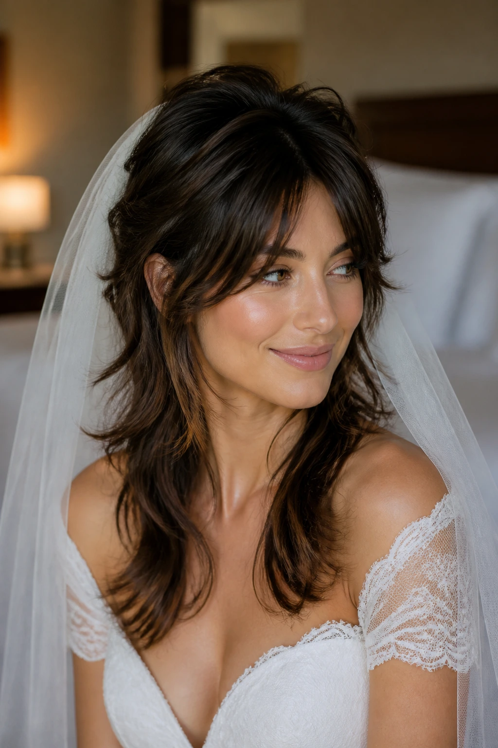 Bride with softened wolf cut showing lift and face framing.