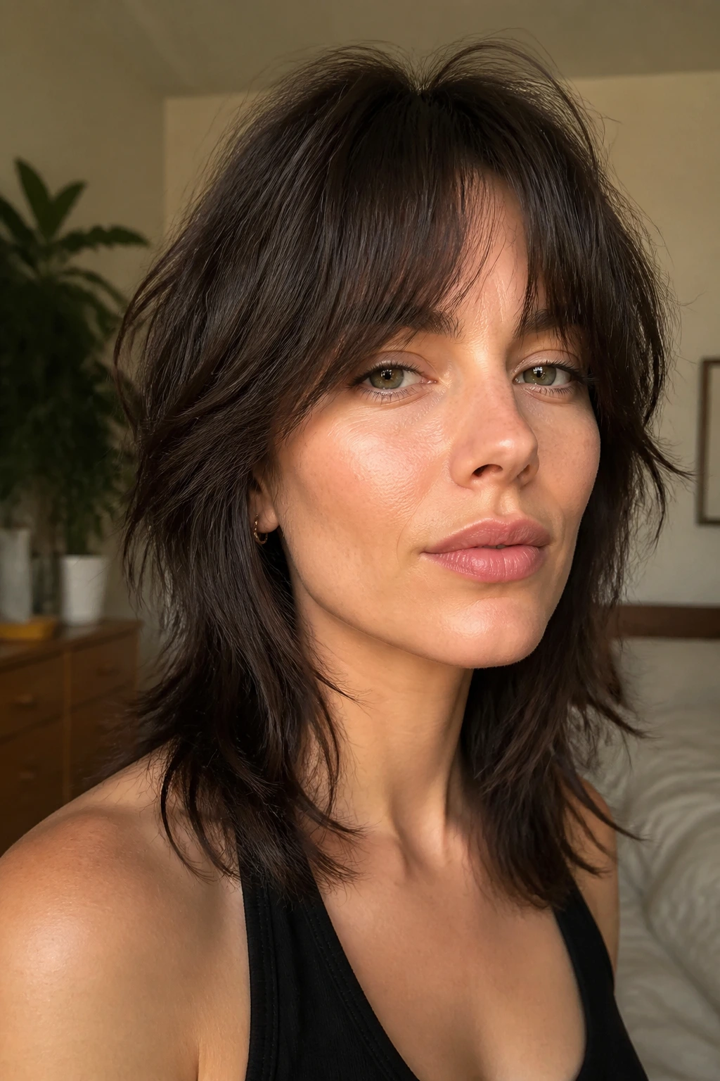 Close-up portrait of a real woman with a softened wolf cut and bottleneck bangs in a warm bedroom