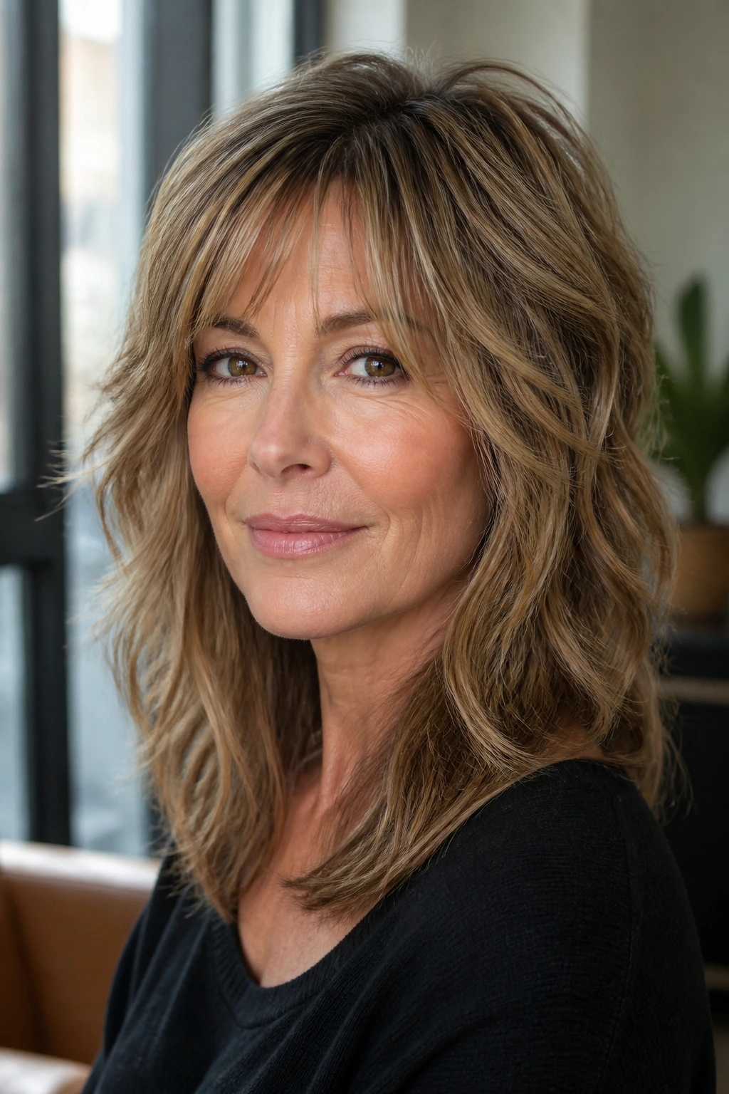 Portrait of a real person with a softened wolf cut, soft layers and cheekbone movement in natural light.