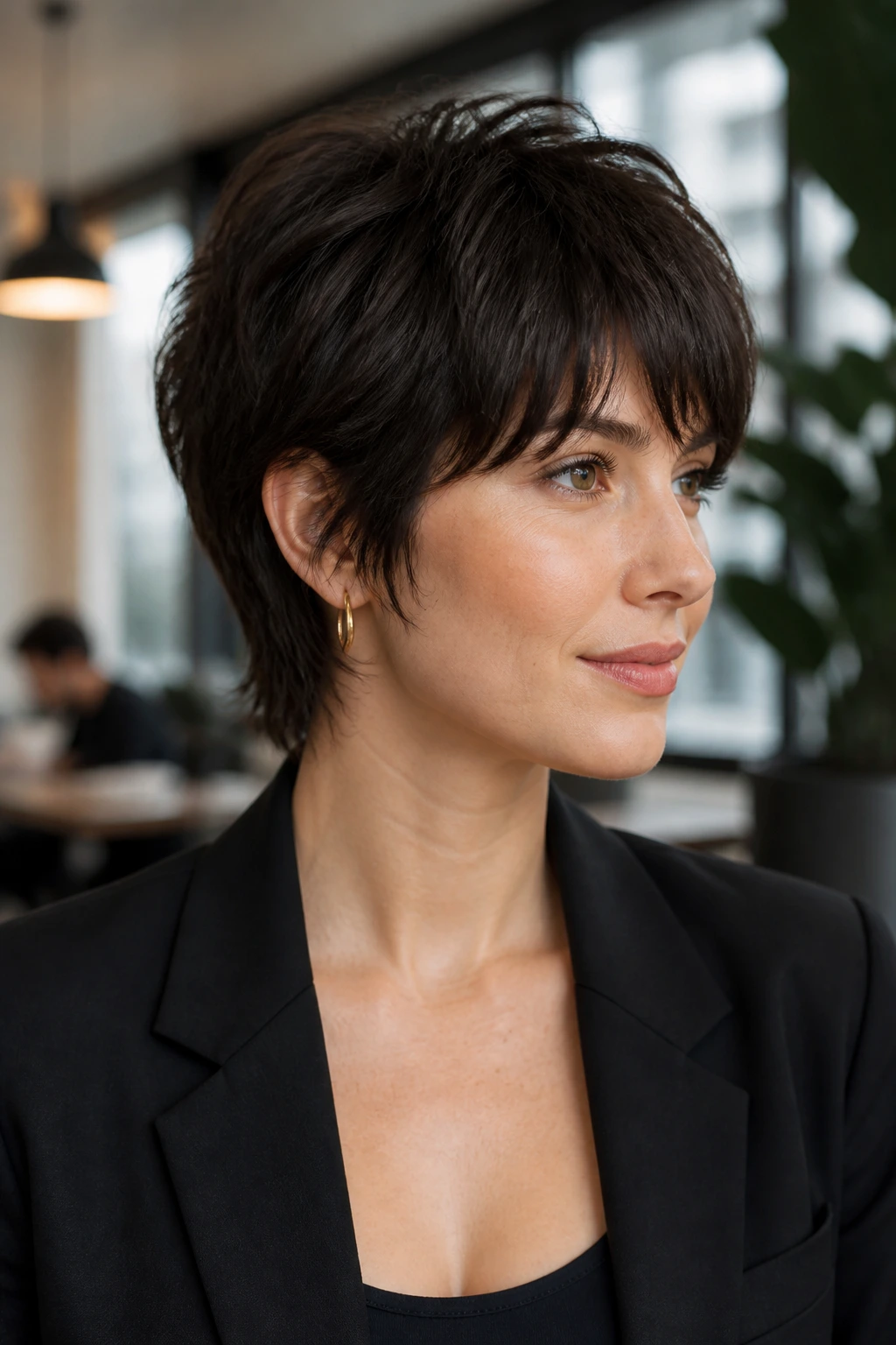 Real person wearing Softer Office Version pixie shag mullet with longer fringe
