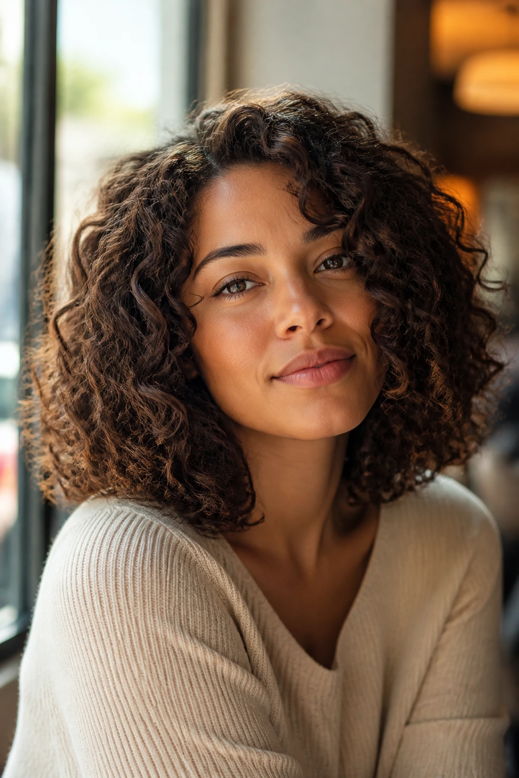 Close-up of a real person with a softly angled lob and curling texture