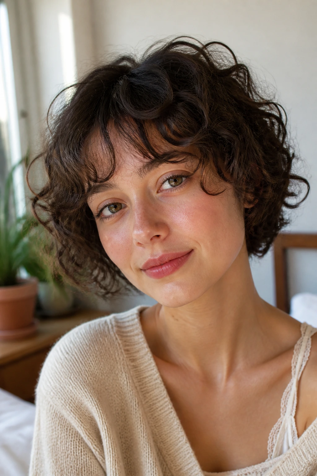 Woman with softly blended bangs blending into front layers