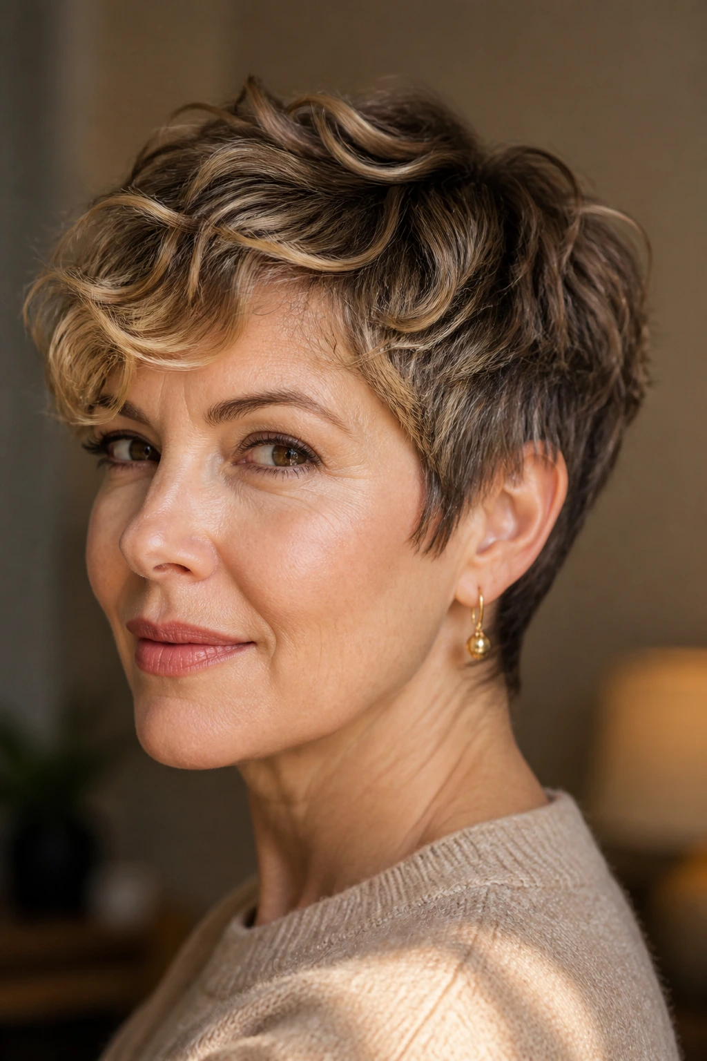 Close-up of a real woman with a softly curled pixie variation under warm indoor light