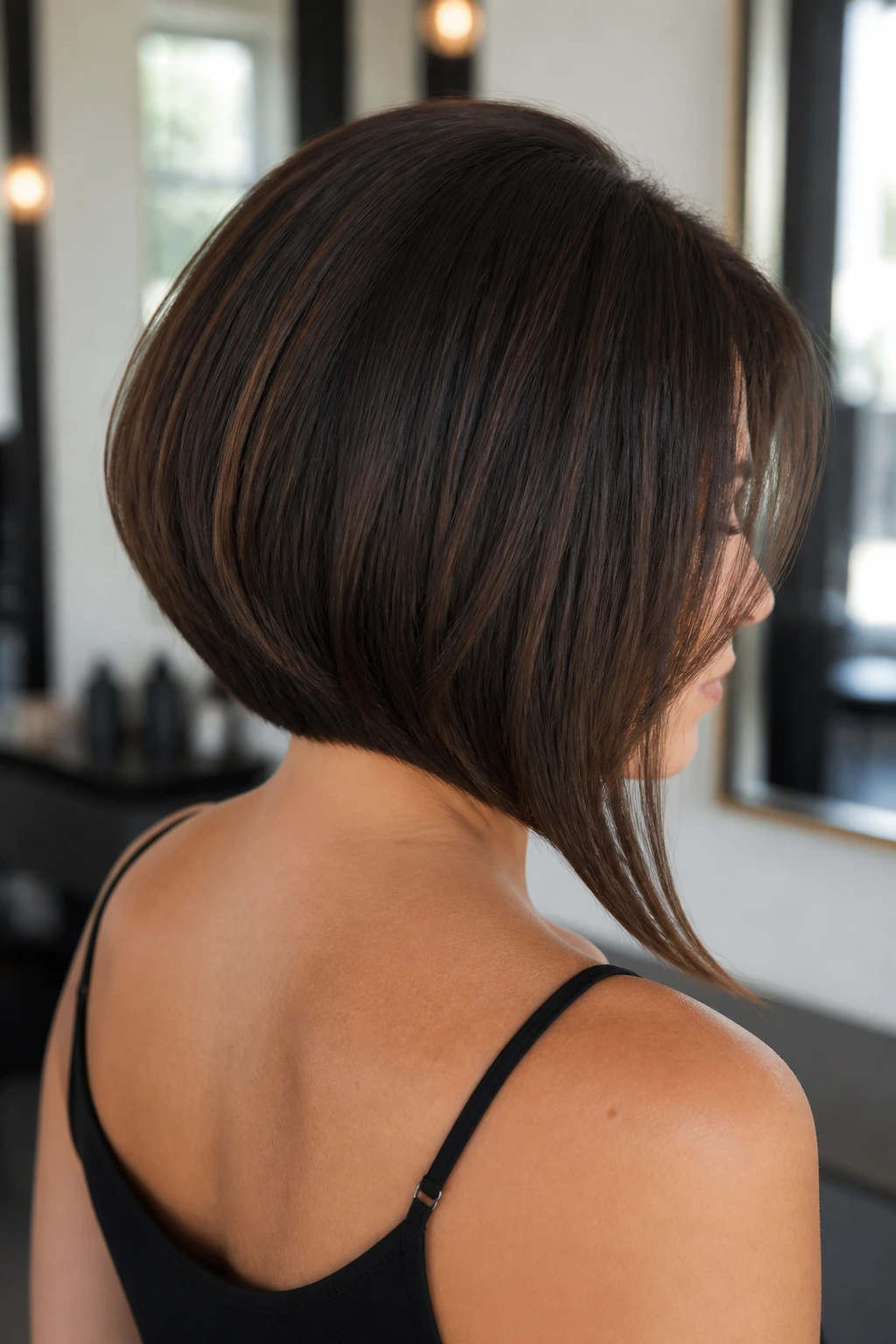 Rear view portrait of a real woman with softly curved inversion hairstyle.