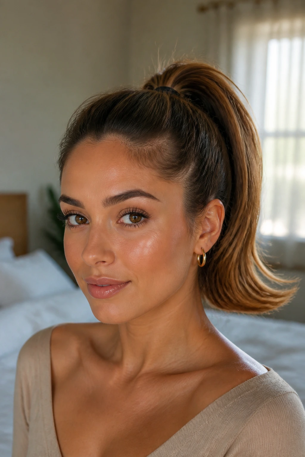 Close-up of a real woman with a softly flipped high ponytail under warm window light