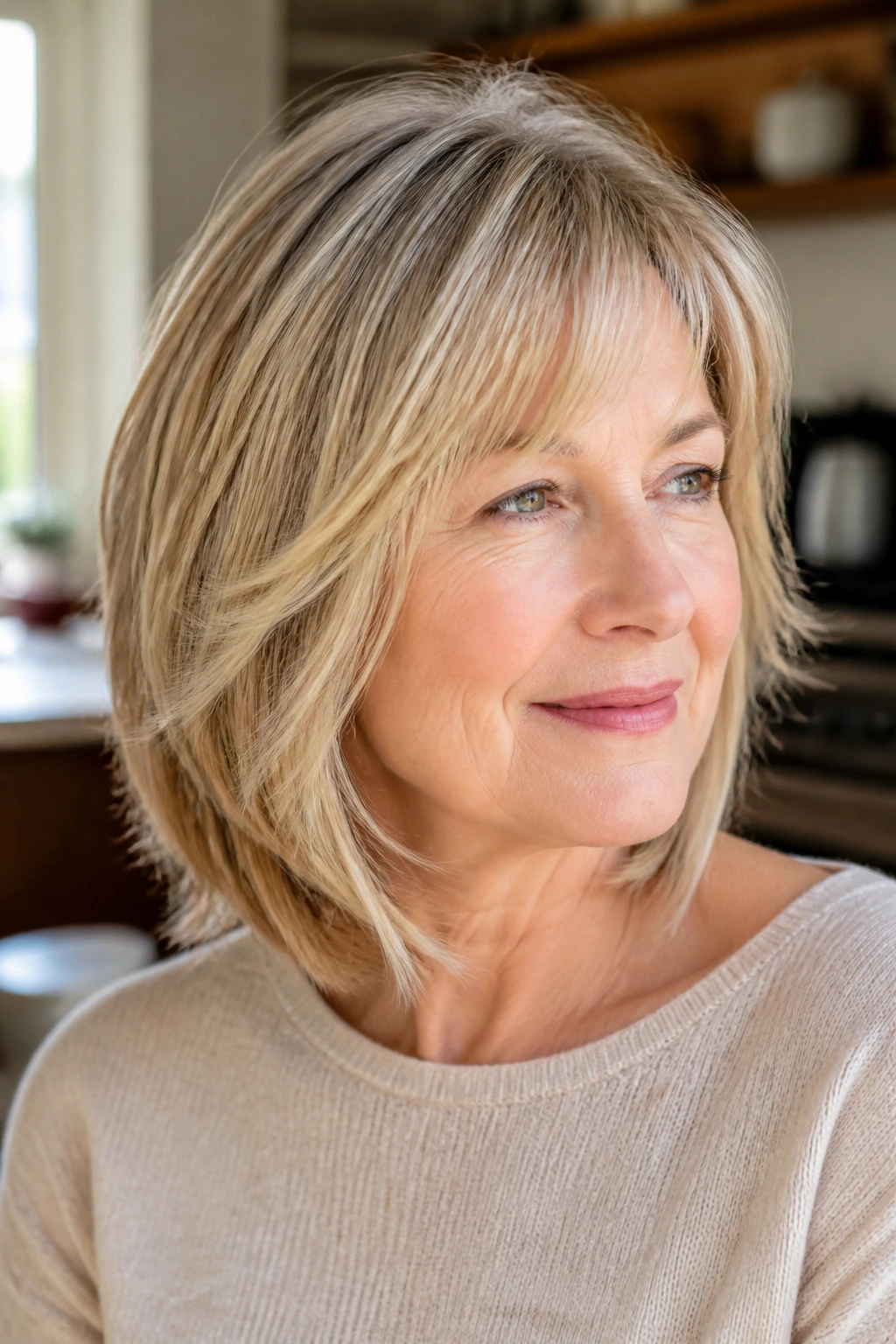 Real woman with softly graduated cut and wispy ends under natural light