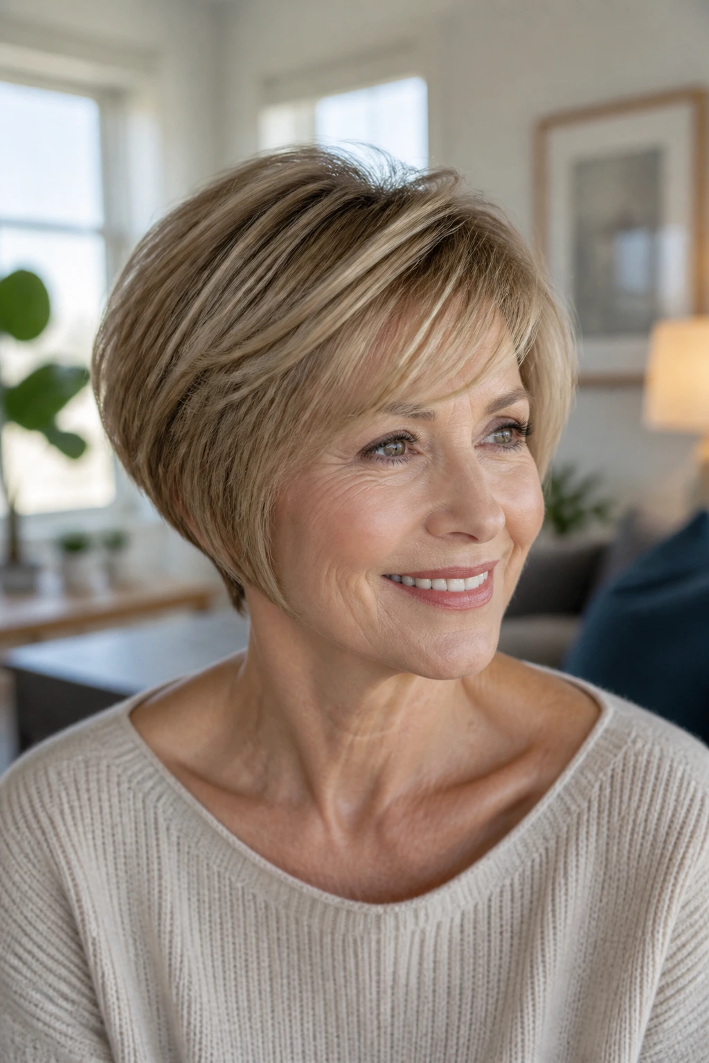 Close-up of a real woman with softly layered pixie bob in bright daylight