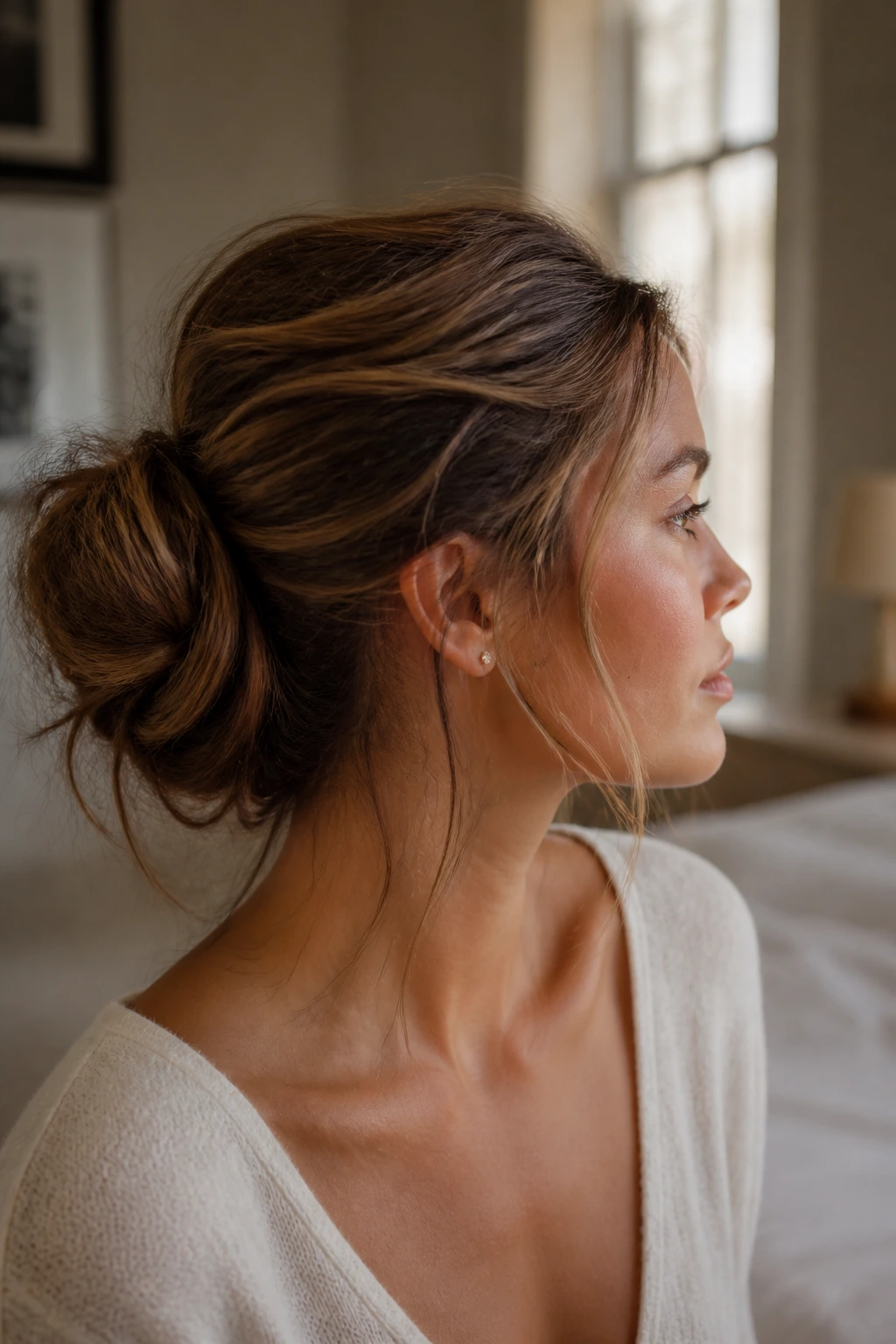 Close-up of a real woman with softly messy chignon and face-framing strands