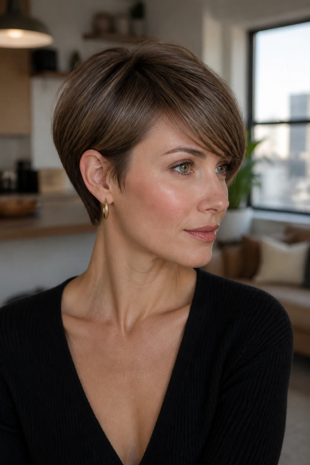 Portrait of a real woman with softly sculpted pixie bob, defined edges