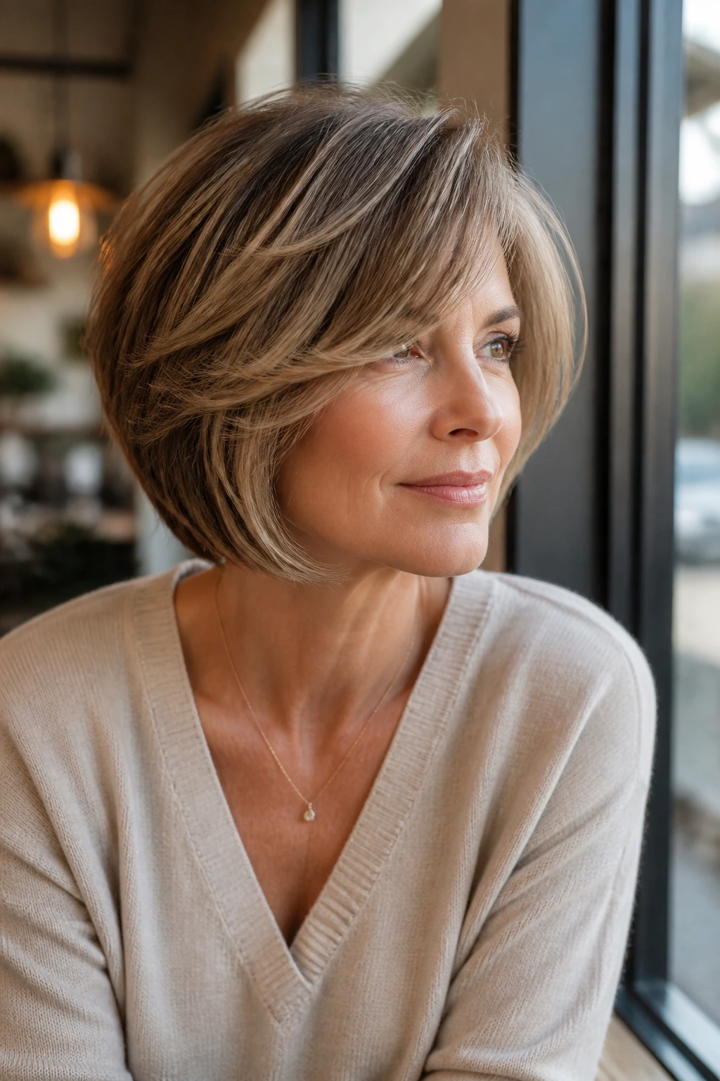 Close-up of a real woman with softly stacked bob and layered bangs.