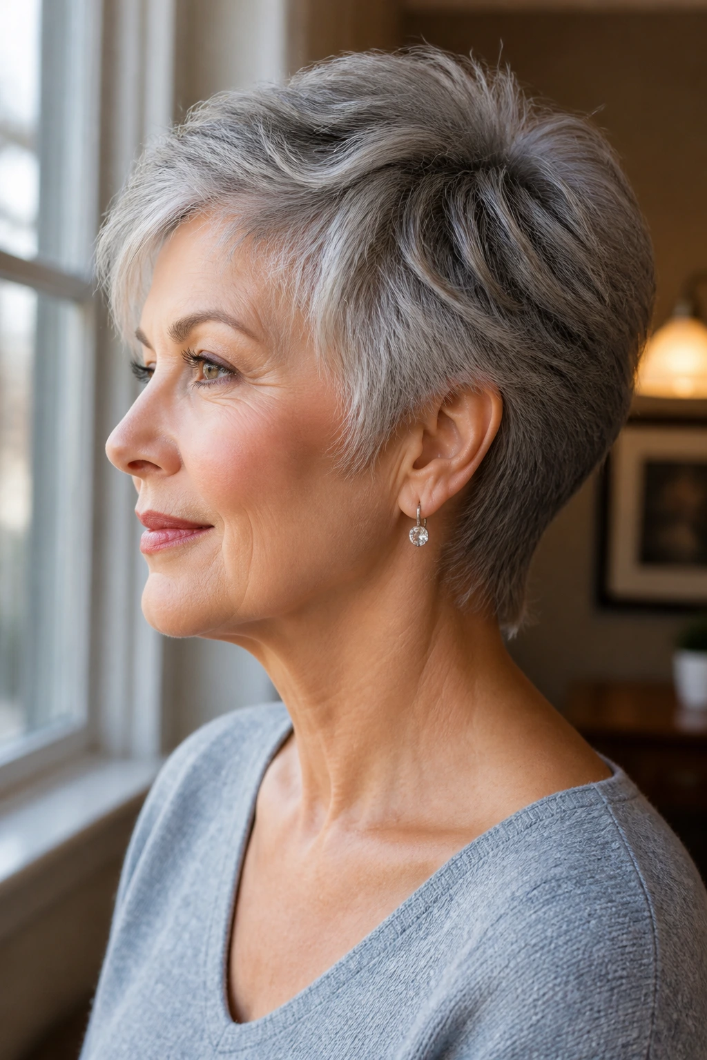 Close-up portrait of a real person with softly stacked crop and feathered back on gray hair
