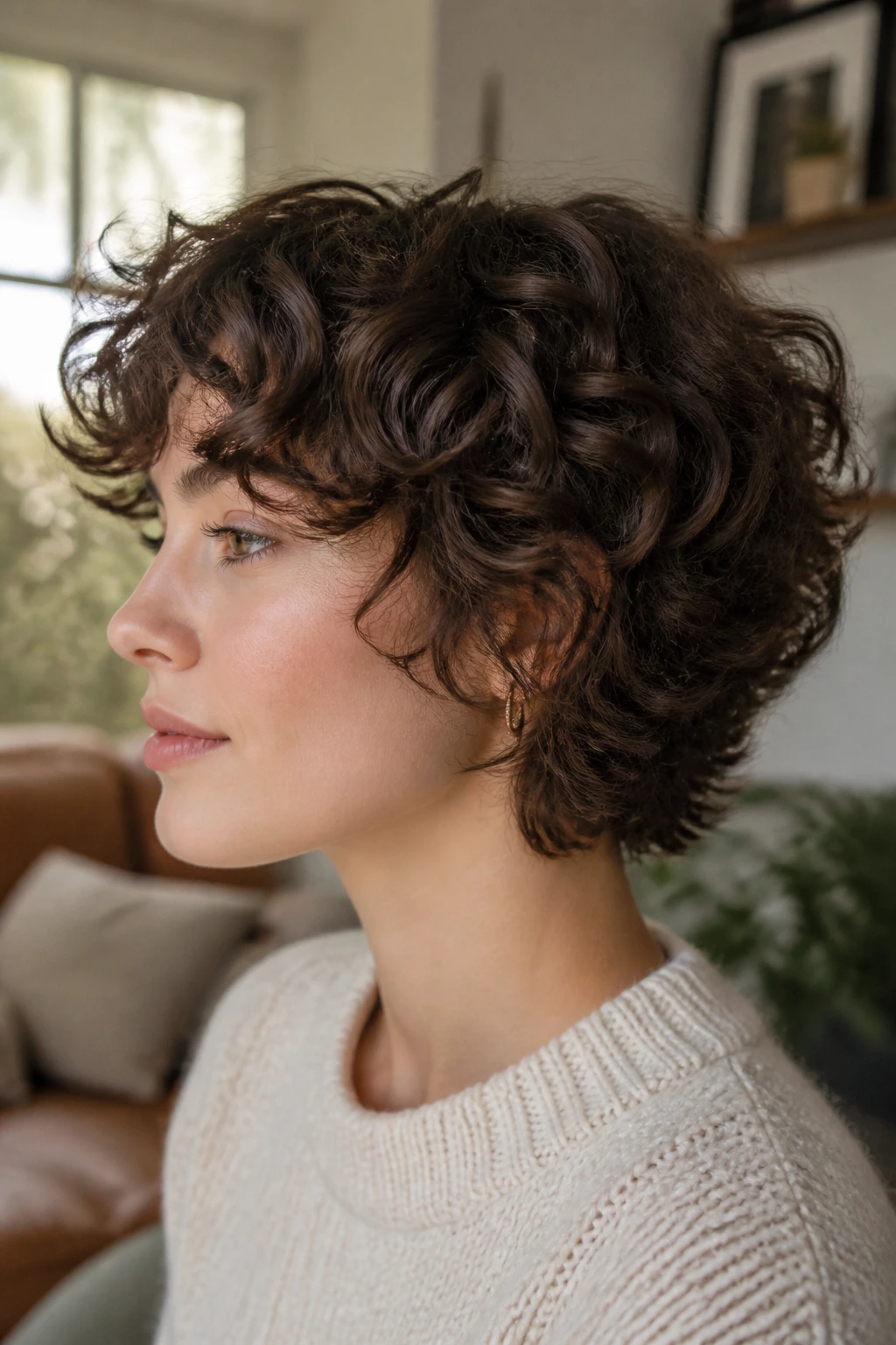 Close-up portrait of a real person with softly stacked curls in a cozy room