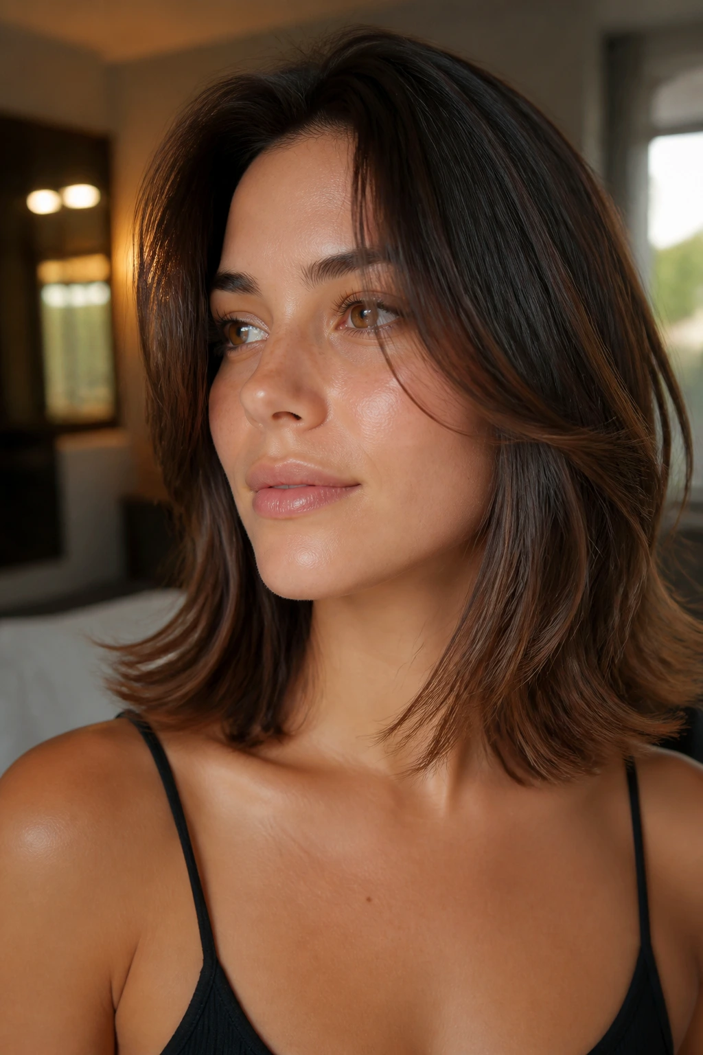 Close-up of a real person with softly tapered hair ends along the collarbone