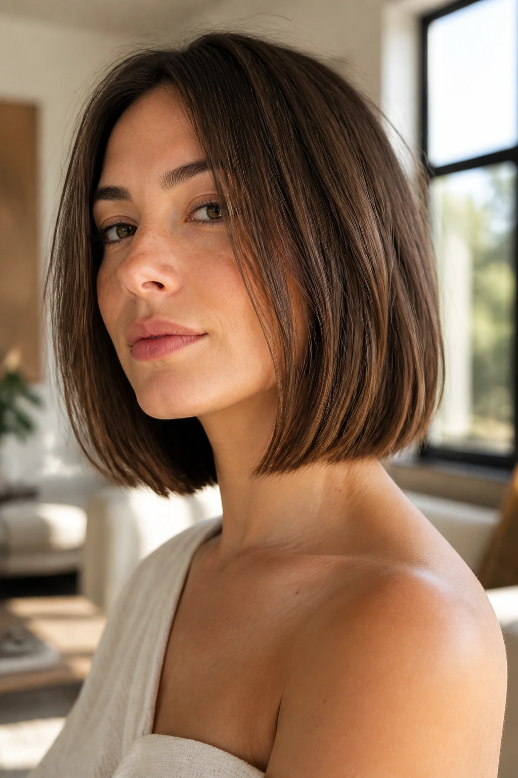 Portrait of a real person with softly textured lob ends