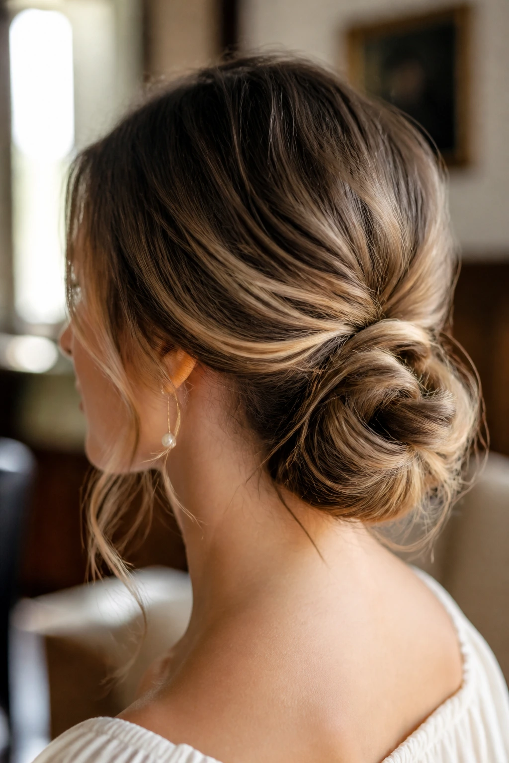 Real woman wearing a softly undone chignon with ends peeking through