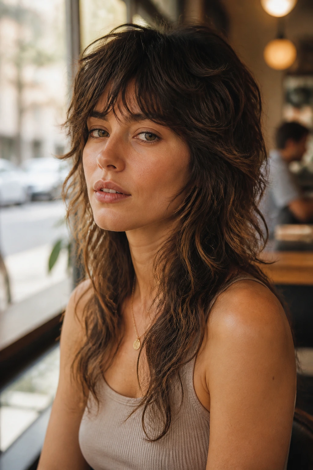 Close-up portrait of a real woman with a soft mullet-inspired long shag in cafe light