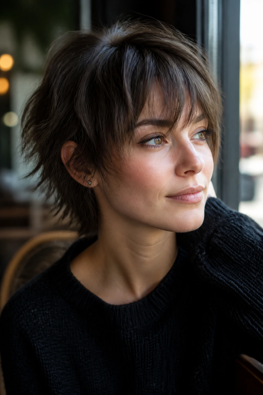 Portrait of a real woman with mixed softness and edge in a short shag cut
