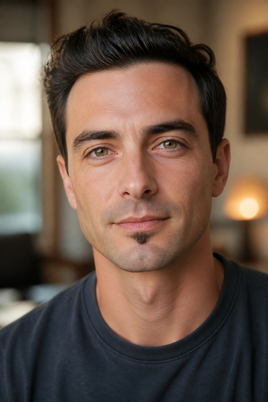 Close-up of a real man with a tiny centered soul patch under the lip