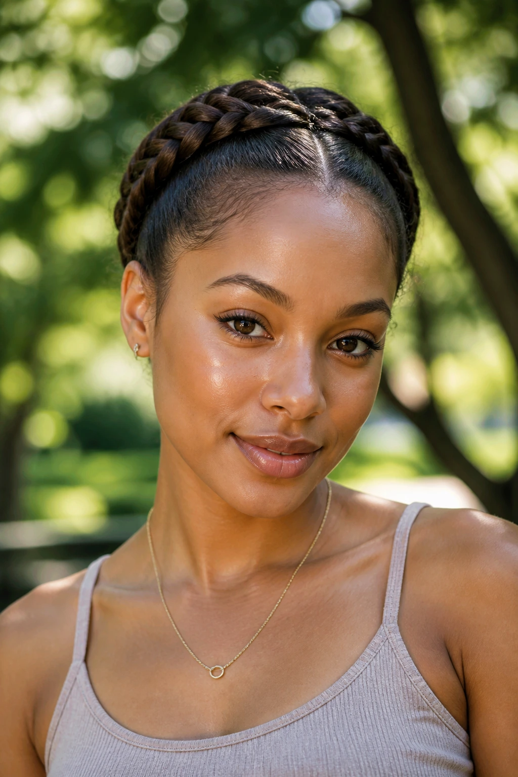 Close-up of a woman with space-braid crown effect in a park