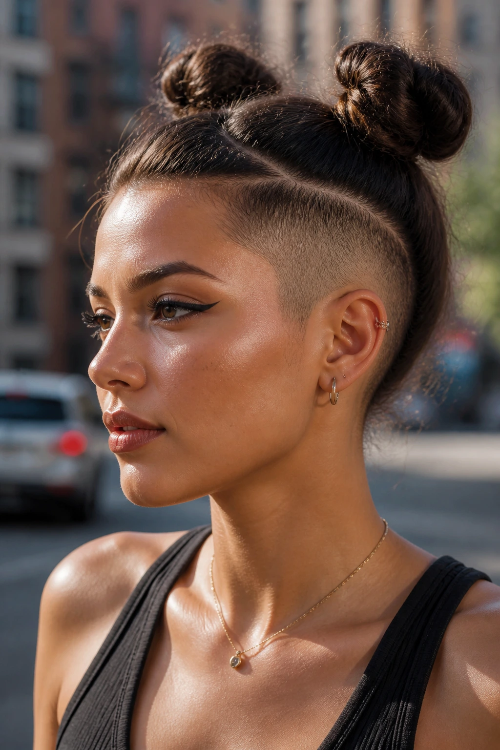 Close-up of a real woman with space buns and a side fade