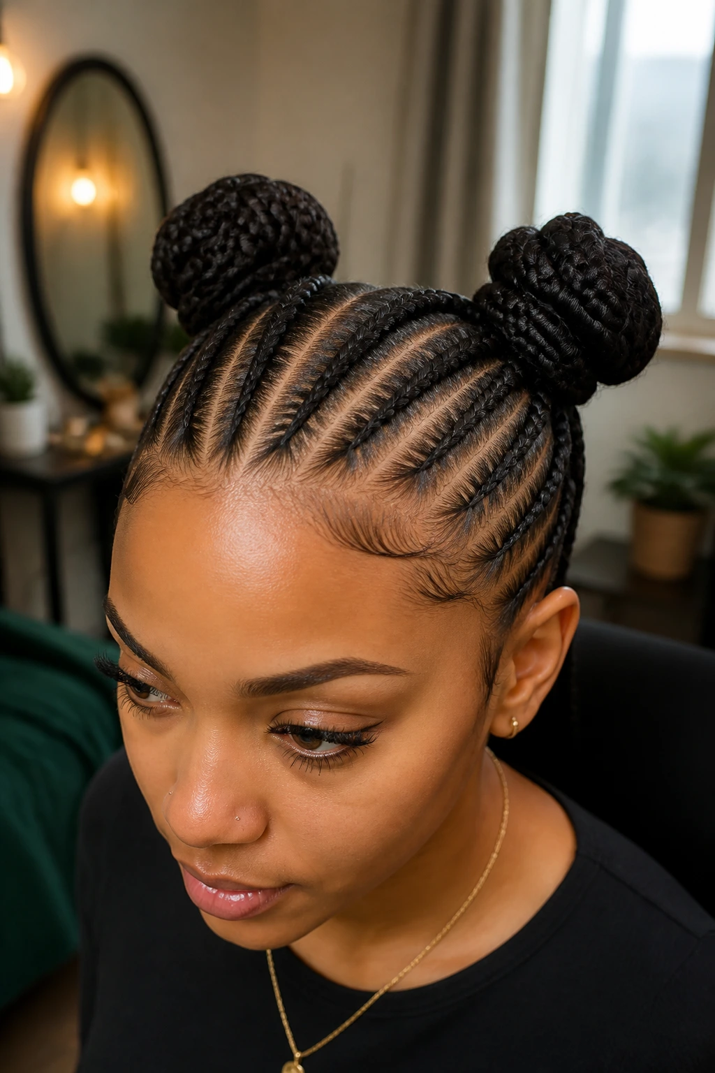 Close-up of a real woman with space-bun feed-in braids and two elevated buns