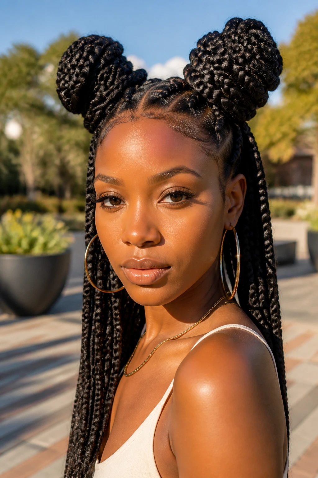 Real woman with two space buns made from jumbo box braids.