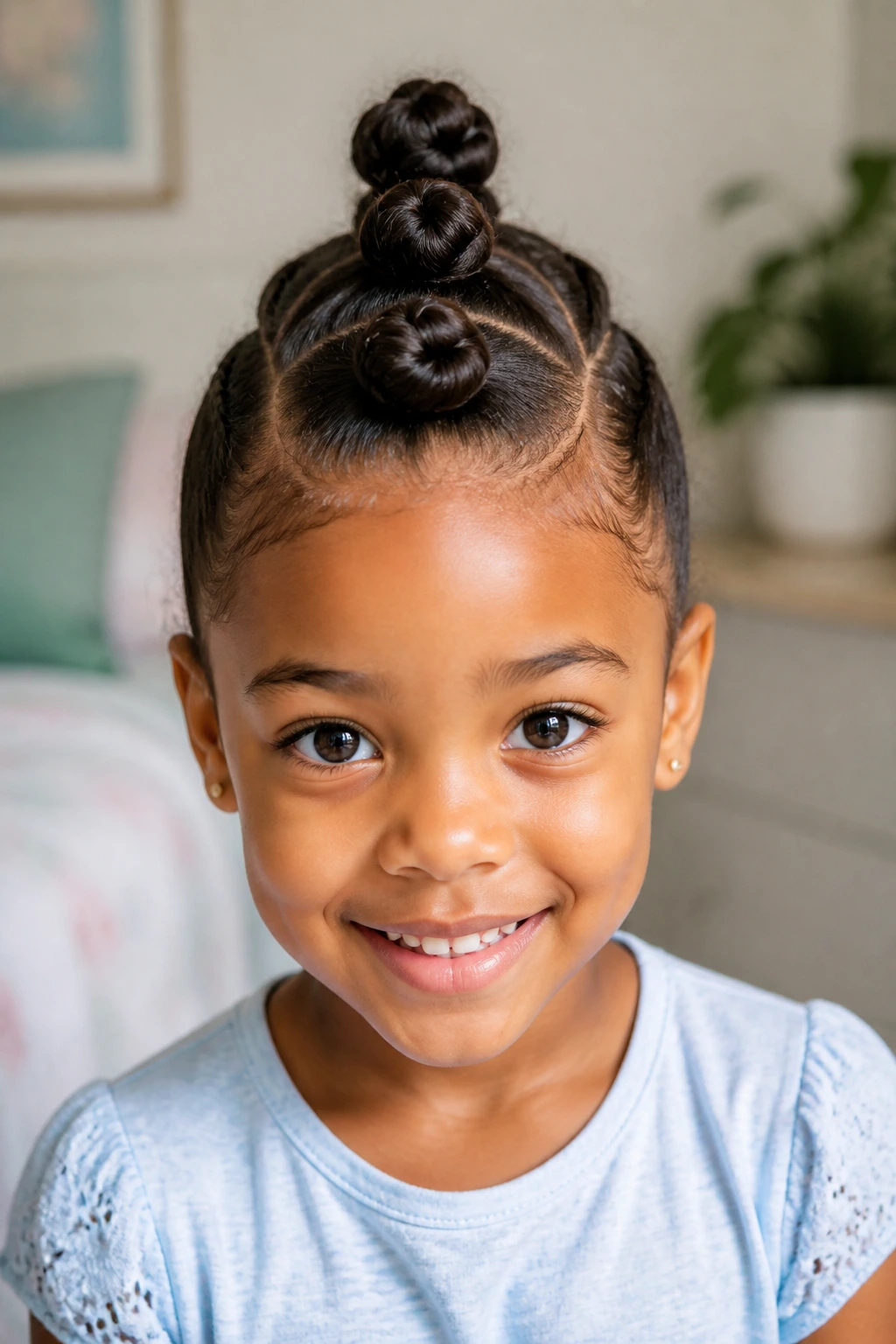 Close-up of a real young girl's space-bun mohawk