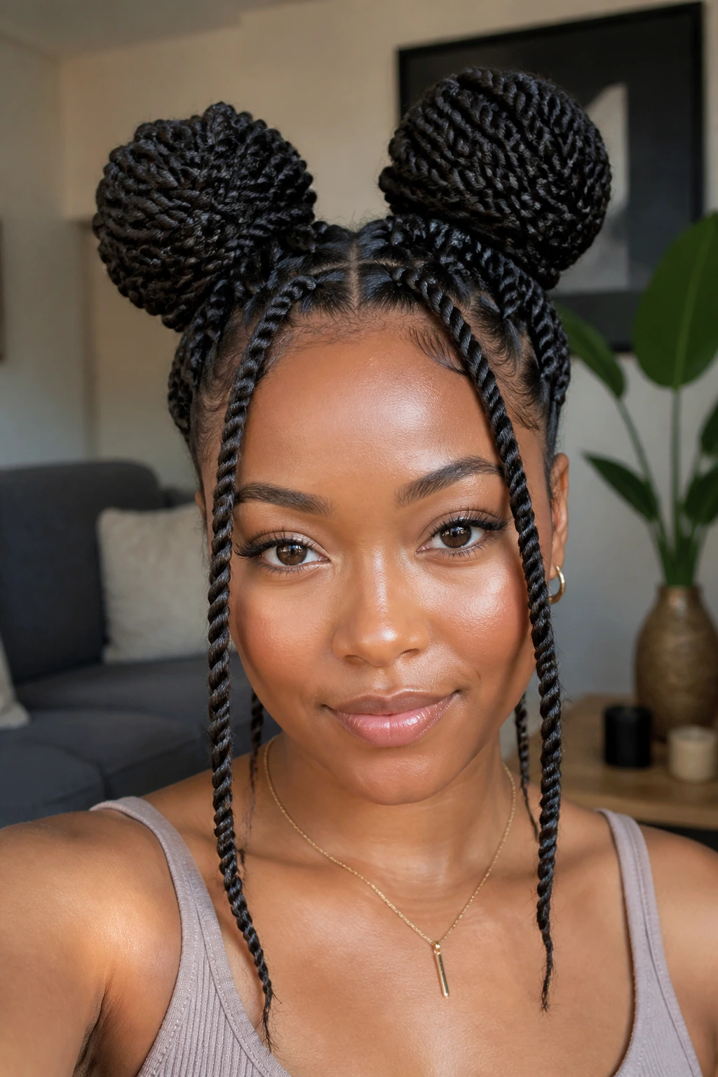 Close-up of a real woman with two space bun Senegalese twists and loose face-framing twists