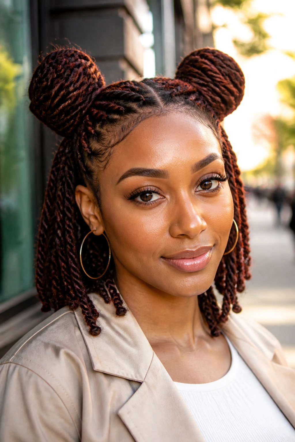 Close-up of a real woman with space-bun Senegalese twists.