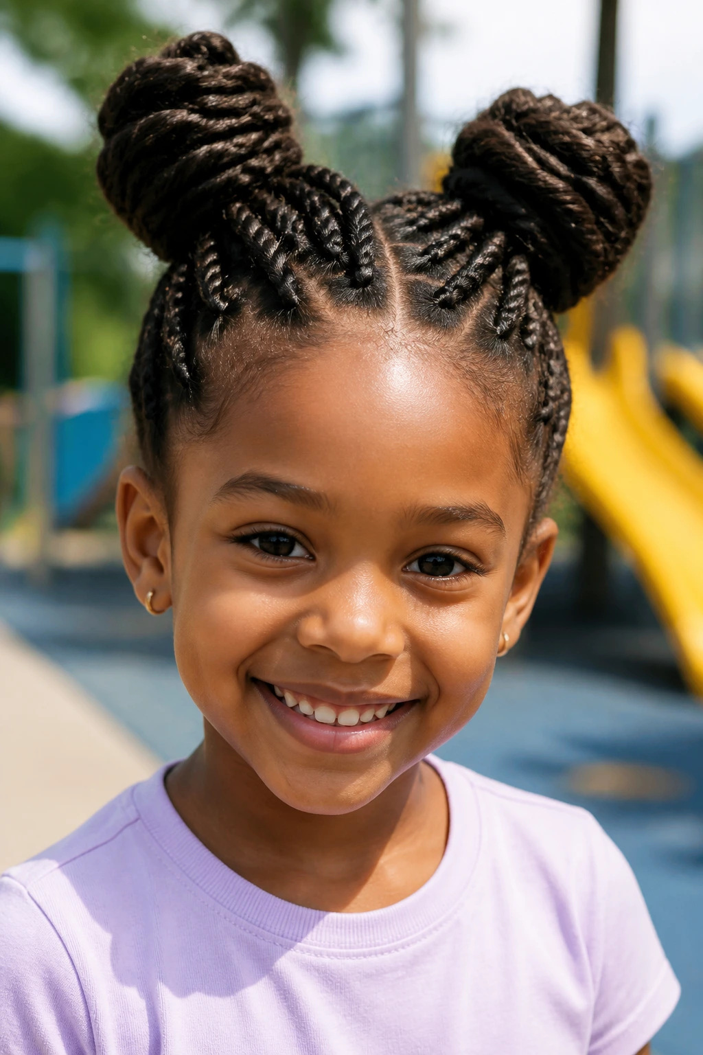 Close-up of a child with two high space bun twists in a sunny outdoor setting.