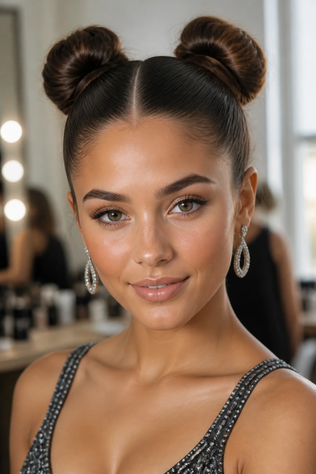 Close-up of a real woman with two sleek space buns for prom.