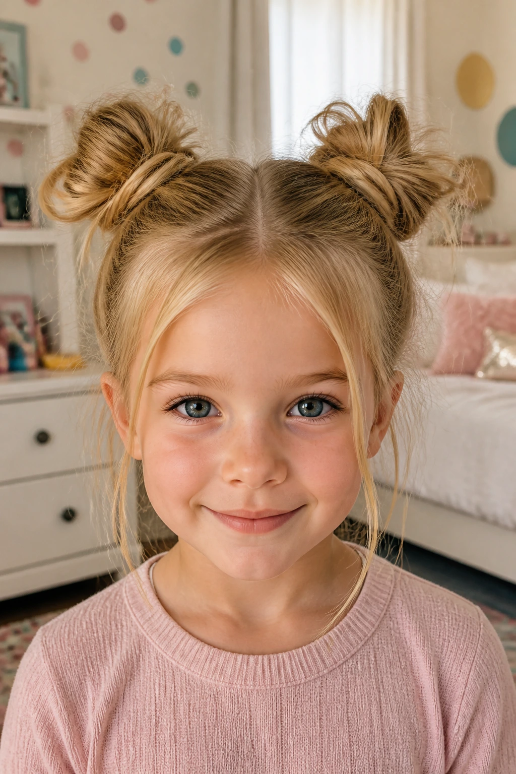 Blonde child with neat space buns and face-framing strands