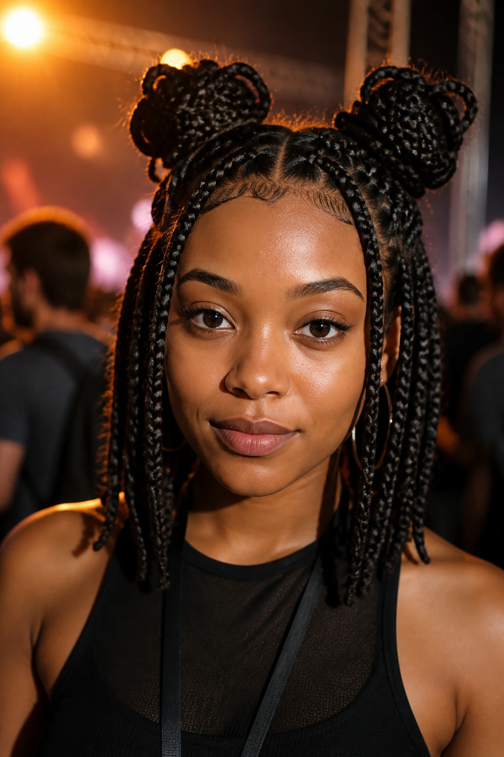 Close-up of a real person with space buns created from medium-length box braids, backstage setting