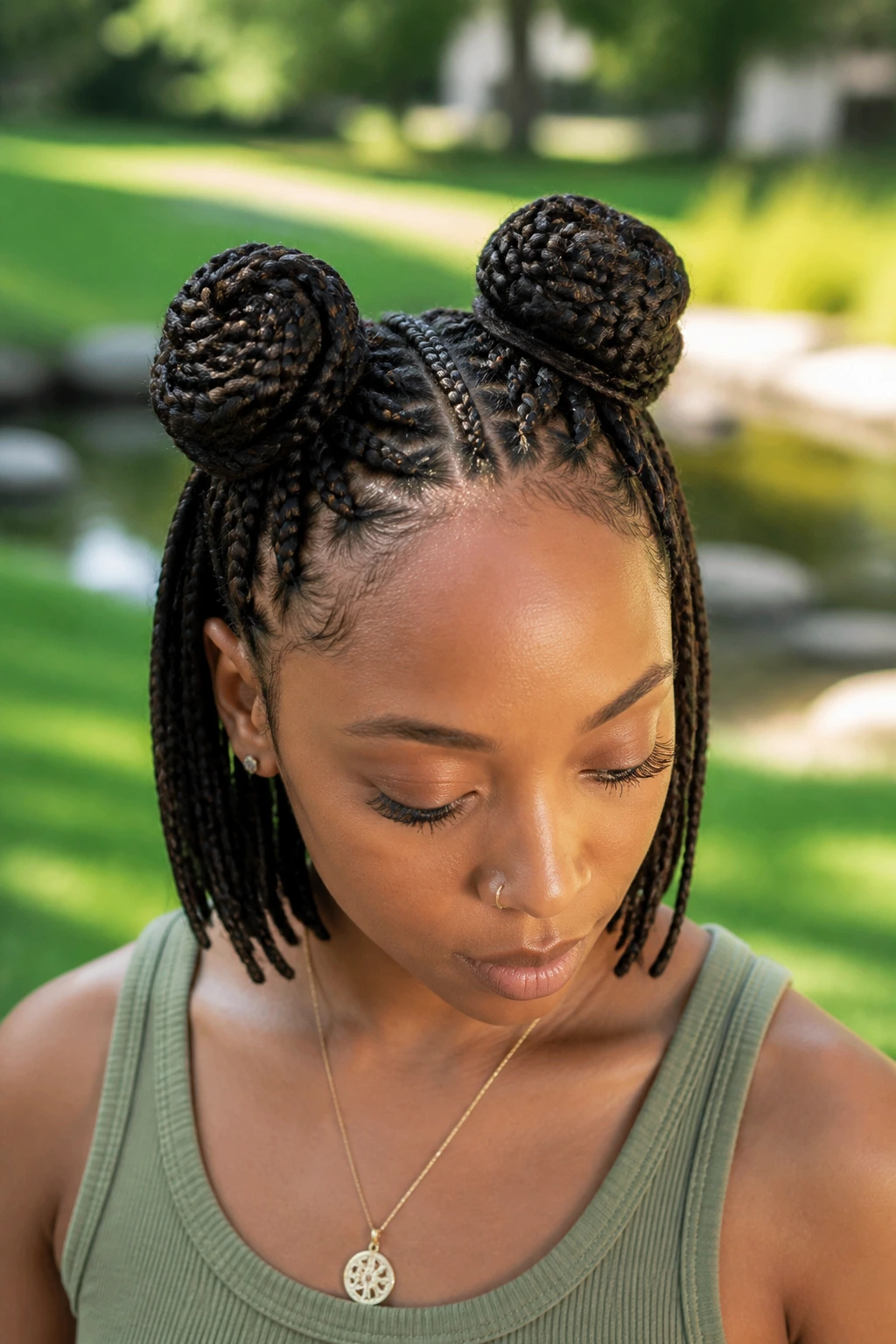 Portrait of a real woman with braided space buns